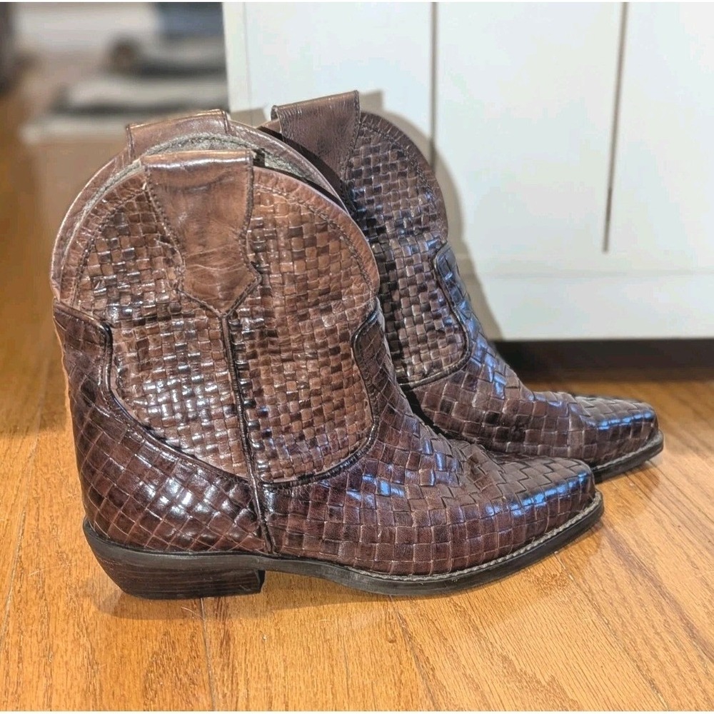 Western Woven Leather Cowboy Ankle Boots Enzo Angiolini Brown 5.5 Festival Boho